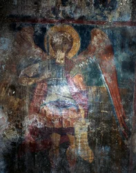 Engel, fresco in Byzantijnse kerk van Agios Constantinos en Agia Eleni, Voukolies, Kreta, Griekenland (foto)