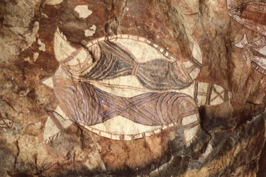 Australië, Noordelijk Territorium, Arnhem Land, Kakadu Nationaal Park, Nourlangie Rock, Aboriginal rotsschilderingen