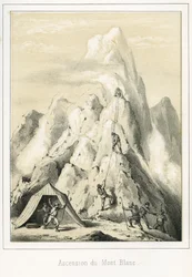Lawine op de Mont Blanc die resulteerde in de dood van drie gidsen. Gravure 