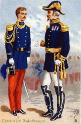 B: Generaal en Ordinantie. Gravure in "Militair Alfabet". Initialen van de illustrator: A. D. Onbekende uitgever. Chromolithografieën eind 19e eeuw. Afm: 10,5x7cm