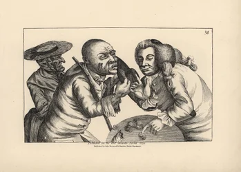 Failliete Toby en vrouw Doxy bedelend om kaas en bier in een taverne. Kopergravure door Thomas Sanders naar een satirische illustratie van Timothy Bobbin (John Collier) (1708-1786) uit 