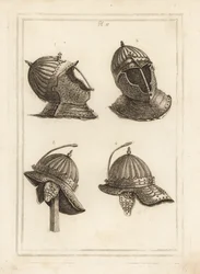 Barhelm 1,2, en de helm van de Hertog van Monmouth met een veer om een pluim te ondersteunen