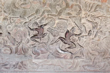 Bas-reliëfs in de oostelijke galerij van Angkor Wat, Cambodja