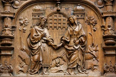 Basiliek van St. Denis, Stallen van de Goillon-kapel (begin 16e eeuw), Afbeelding van het huwelijk van de Maagd Maria en Jozef, Saint-Denis, Frankrijk