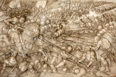 Basiliek van St. Denis, graf van Frans I koning van Frankrijk en Claude van Frankrijk, reliëf, afbeelding van de slag bij Marignano in 1515