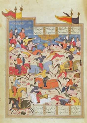 Slagveldscène, illustratie uit de "Shahnama"
