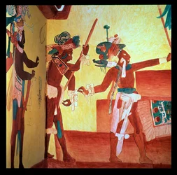 Bonampak heren in gevederde kostuums dansen ter viering na een militaire overwinning, Maya c.800