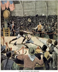 Bokser Jack Johnson wint de wereldtitel