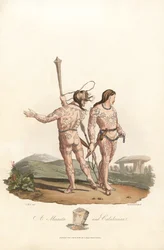Britse antiquiteit (pre-Romeinse periode, voor 1e eeuw): Catini en Caledonische inwoners (Schotland) van de noordelijke vlaktes en bossen van Groot-Brittannië, met tatoeages bedekt - Kleurengraveerwerk door Robert Havell (1793-1878) naar een illustratie do