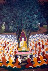 Boeddha Onderwijst aan Discipelen, Muurfresco, Wat Botum tempel, Phnom Penh, 2022