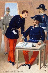 C: Militaire administratie. Gravure in "Militair Alfabet". Initialen van de illustrator: A. D. Onbekende uitgever. Chromolithografieën eind 19e eeuw. Afm: 10,5x7cm