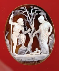 Camee van Poseidon en Athena die strijden om heerschappij over Attica