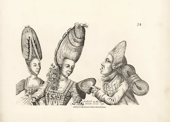 Karikatuur van de mode van de late 18e eeuw: vrouwen met hoge pruiken en een tuin van bloemen in haar boezem, en macaroni met een hoge pruik en een extravagante massa haar vastgebonden aan de achterkant. Gravure naar een satirische illustratie van Timothy 