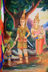 Plafondkunstwerk dat het leven van Boeddha uitbeeldt. Wat Si Sou Mang Karam Tempel. Vieng Vang. Laos, 20151102, Vieng Vang, Laos
