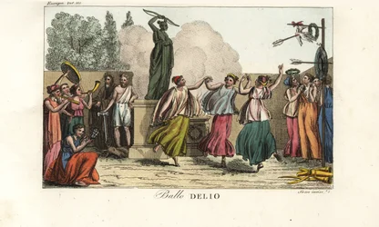 Ceremoniële dans voor Artemis of Diana de Jageres in een heilig bos op het eiland Delos