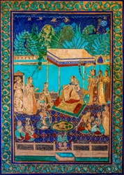 Chittra Shala binnenplaats met virtuoze fijne schilderijen, Taragarh Fort, Bundi, Bundi, Rajasthan, India, Azië