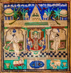 Chittra Shala binnenplaats met virtuoze fijne schilderijen, Taragarh Fort, Bundi, Bundi, Rajasthan, India, Azië