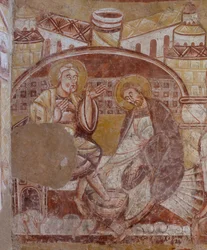 Kerk (Église Saint-Martin). Interieur. Muurschilderingen (fresco). Noordmuur van het koor. (detail) voetwassing. 12e eeuw.
