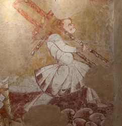 Kerk (Église Saint-Martin). Interieur. Muurschilderingen (fresco). Noordmuur van het koor. (detail) Simon van Cyrene draagt het kruis. 12e eeuw.