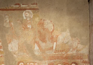 Kerk (Église Saint-Martin). Interieur. Muurschilderingen (fresco). Westmuur van het schip. Detail. Apostelen. 12e eeuw