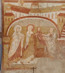 Kerk (Église Saint-Martin). Interieur. Muurschilderingen (fresco). Westmuur van het schip. (detail) Presentatie in de tempel. 12e eeuw.