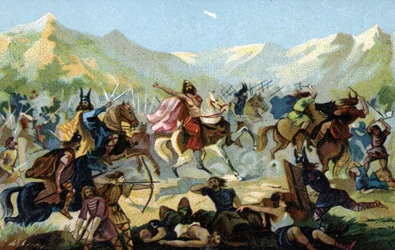 Clovis I (466-511), koning van de Franken, tijdens de slag bij Tolbiac in 496 tegen de Germaanse stam van de Alemannen, beloofde zich te bekeren in geval van overwinning. Eind 19e eeuw (chromolithografie)
