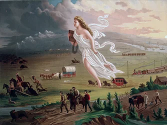 Concept van Manifest Destiny: Allegorische vrouwelijke figuur die elektrische telegraafdraad draagt, leidt Amerikaanse pioniers en spoorwegen westwaarts