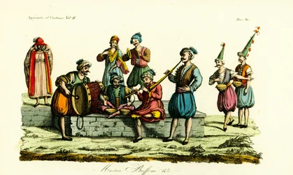 Kostuums van de Berberse muzikanten van de Bey van Tunis, en komieken of Saitari, Tunesië