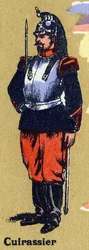 Cuirassier in soldatenuniform. Geïllustreerd alfabet. Beeldvorming herenigd in Jarville-Nancy, begin 20e eeuw. Lithografie op een bistre achtergrond