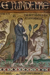 Cyclus van mozaïeken over het Oude Testament, cyclus van de Schepping: "De Schepping van Adam", XII eeuw, De Palatijnse Kapel, Het Koninklijk Paleis of Palazzo dei Normanni (Paleis van de Normandiërs), Palermo, Sicilië, Italië