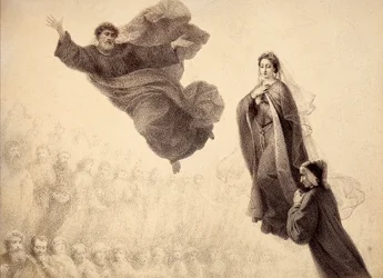 Dante en Beatrice ontmoeten St. Peter. Illustratie van Canto XXIV in Paradiso van De Goddelijke Komedie door Dante Alighieri. Werk van Francesco Scaramuzza gewijd aan de gemeente Florence.