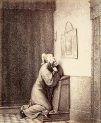 Dante knielt in gebed, met zijn blik gericht op een drieluik.