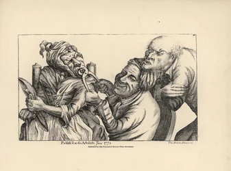 Tandarts lachend terwijl hij een slechte tand trekt met een tang uit de mond van een oude vrouw. Kopergravure naar een satirische illustratie van Timothy Bobbin (John Collier) (1708-1786) uit 