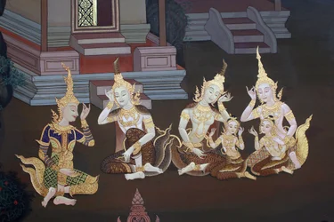 Detail van een muurschildering in de Uposatha (heiligdom) van de Buddhapadipa tempel, Wimbledon, Groot-Brittannië
