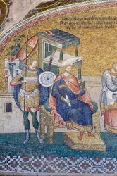Detail van gouverneur Quirinius in de scène van de inschrijving voor belasting, Chora kerk, Istanbul, Turkije