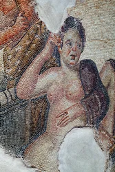 (detail) van het paneel dat Leda, koningin van Sparta, toont in gezelschap van de Lacedaemonische meisjes, op het punt om een bad te nemen in de Eurotas-rivier - Ze wordt benaderd door Zeus vermomd als zwaan - Paphos Mozaïeken, Huis van Aion, 3e eeuw na Ch