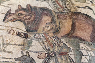 Detail van het mozaïek van de grote jacht. Een neushoorn wordt op een boot geleid om naar de dichtstbijzijnde haven te worden vervoerd. 3e - 4e eeuw. Romeinse Villa van de Casale, Sicilië. UNESCO-site.