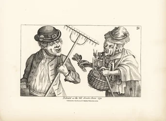 Dronken boer Jones koopt de hele voorraad houten gereedschap van de oude schele Nan. Gravure naar een satirische illustratie van Timothy Bobbin (John Collier) uit Human Passions Delineated, John Haywood, Manchester
