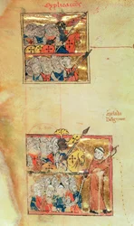 Twee miniaturen die kruisvaarders tonen geleid door Peter de Kluizenaar, c.1095, Histoire Universelle, c.1286