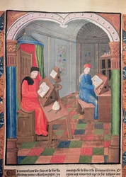 Einhard en Aartsbisschop Turpin schrijven de geschiedenis van Karel de Grote, uit de 