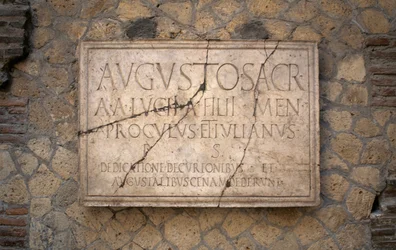 Opschrift op marmer, Augustales college, archeologische site van Herculaneum (Unesco Werelderfgoedlijst)