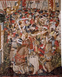 Vlaamse wandtapijt. Serie De Trojaanse Oorlog. De dood van Achilles. Achtste wandtapijt in de serie. Model Coëtivy Meester (Henry of Conrard de Vulcop). Fabriek Tournai werkplaatsen. Ca 1470. Stof Wol en zijde, 6/7 schering per cm. Afmeting 482 x 942 cm