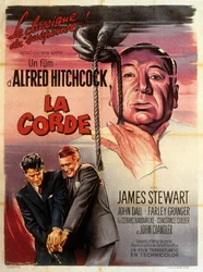 Franse poster voor de film Rope, geregisseerd door Alfred Hitchcock, met Jimmy Stewart, John Dall en Farley Granger, 1948