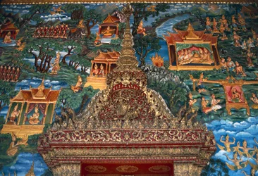 Fresco en architectonisch detail, Wat That, grote heilige stupa herbouwd in de 20e eeuw, Luang Prabang (Unesco Werelderfgoedlijst)