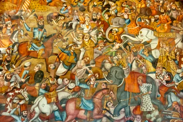 Fresco; slag; slag van Nadir Shah in de Slag bij Karnal; 1739; te paard; tegen Sultan Mohammed Shah Gurkani op een witte olifant; Chehel Sotoun; Veertig Zuilen Paleis; Isfahan; Iran; Azië