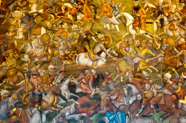 Fresco; slag bij Chaldiran tegen de Ottomaanse sultan Selim I; 1514; Chehel Sotoun; Paleis van Veertig Zuilen; Isfahan; Iran; Azië