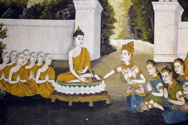Fresco met een scène uit het leven van de Boeddha in Wat Phra Doi Suthep, Chiang Mai. Boeddha ontvangt aalmoezen. Thailand