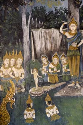 Fresco met een scène uit het leven van de Boeddha in Wat Phra Doi Suthep, Chiang Mai, Thailand. Boeddha als kind.