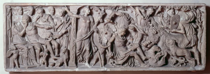 Voorzijde van een sarcofaag die de dood van Adonis afbeeldt, Romeins, 2e eeuw (marmer)