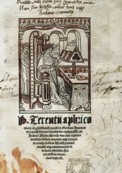 Frontispice van komedies van de komische dichter Terence (Publius Terentius Aferer) (190-145 v.Chr.). De auteur is afgebeeld.